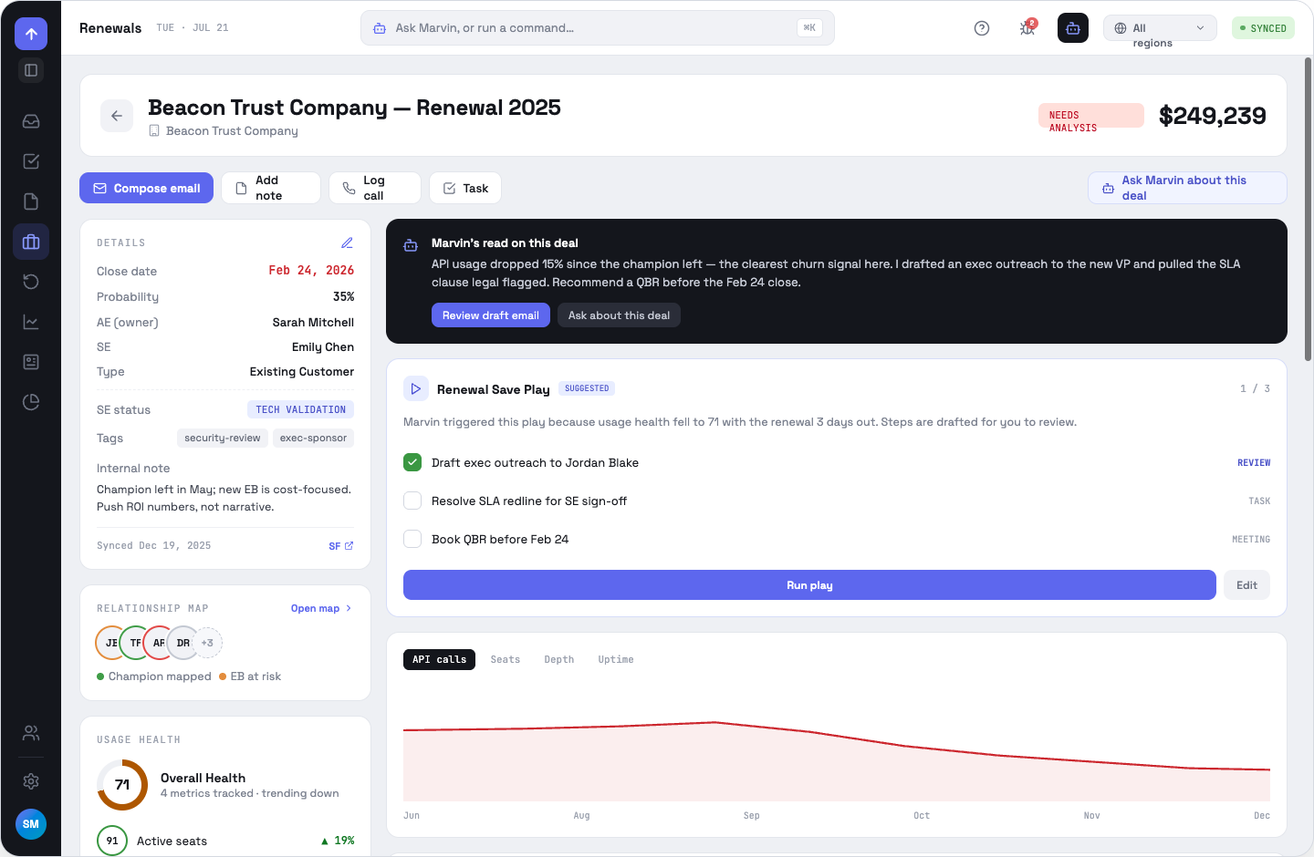 Opportunity detail: details card, Marvin's read, Renewal Save Play with review steps, usage chart