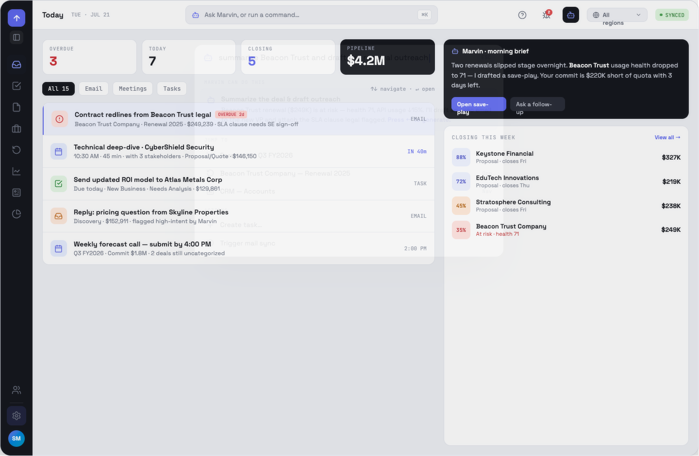 The ⌘K palette open over the Today queue, showing Marvin, Jump to and Actions sections