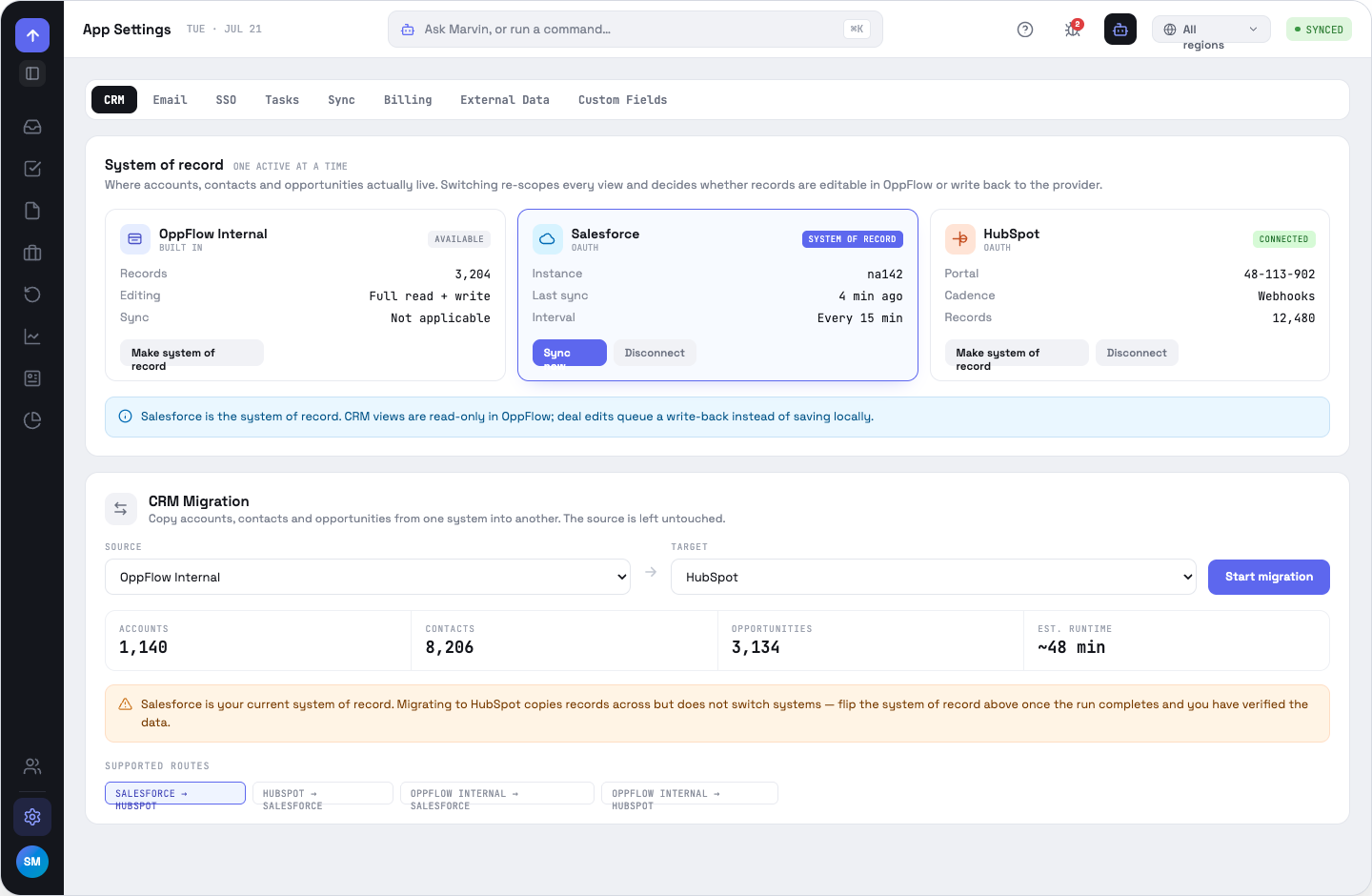 App Settings CRM tab: system of record with OppFlow Internal, Salesforce and HubSpot