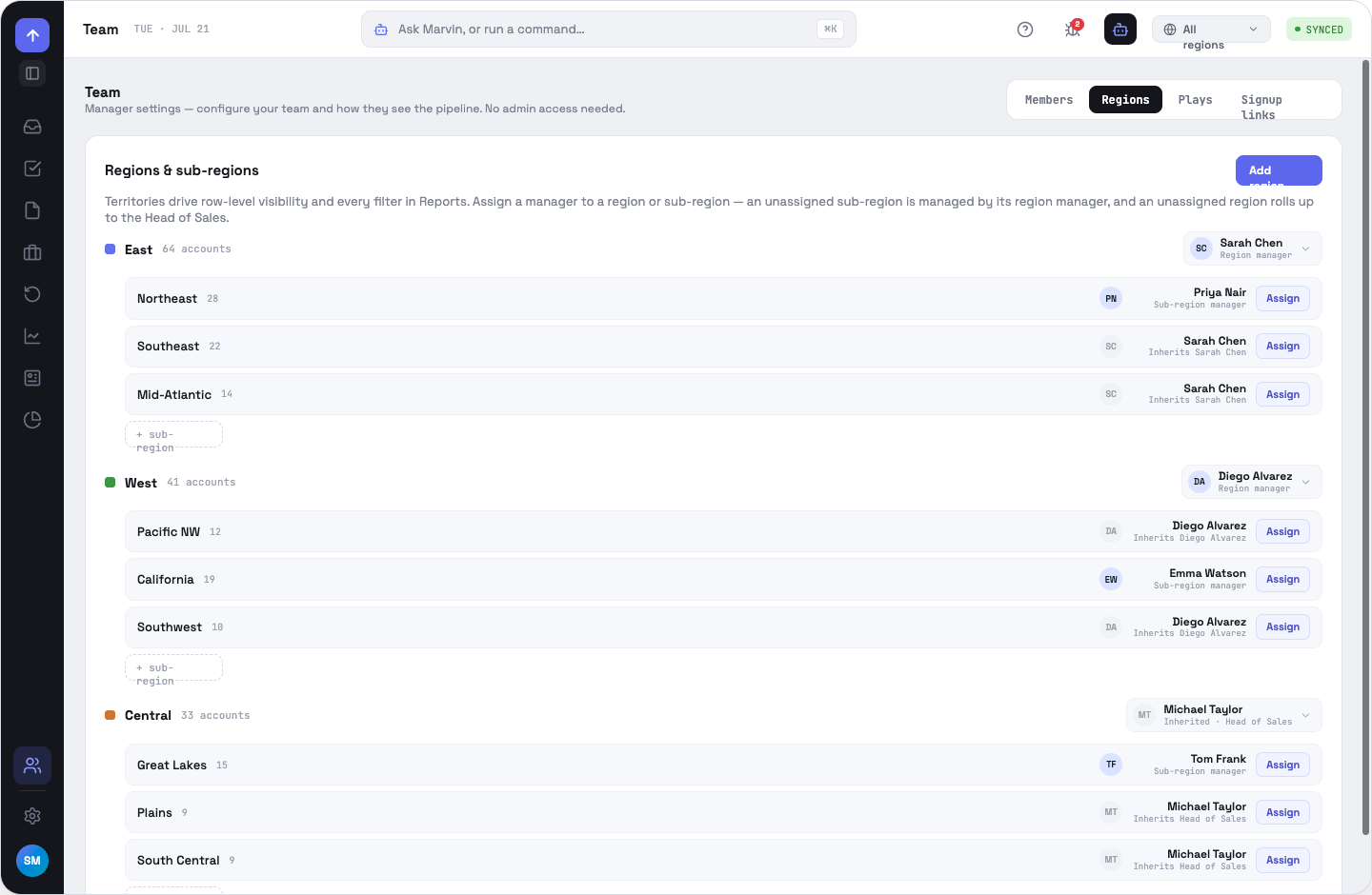Team Regions editor: regions with sub-regions and a manager assigned per territory