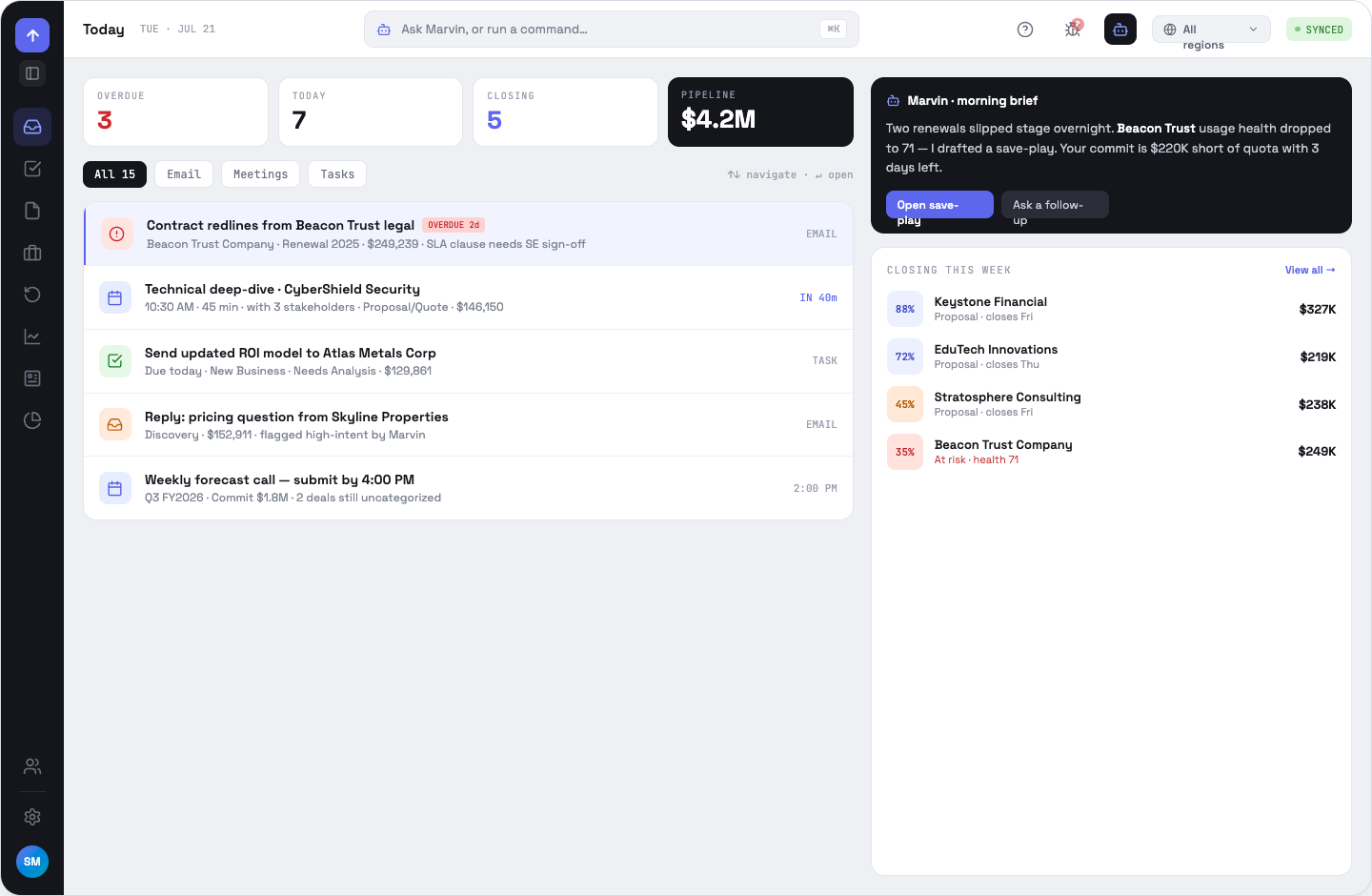 The Today queue: stat cards, prioritized items, Marvin's morning brief and the closing-soon rail